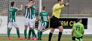 Brankář Hejníček je na kolenou, domácí se radují po trefě Markytána na 2:0.