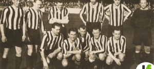 Fotbalisté SK ČB před prvním utkáním na jaře 1948 s Trnavou (2:2). Zleva stojí M. Šedivý, Nowak, Kubeš, Polák, Hemelík, Čapek. V pokleku Zeman, Freiberg, Chudoba, Příbek a John.
